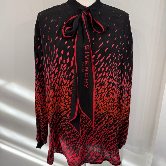 GIVENCHY Red Silk Crepe Blouse with Bow Tie V Neck STUNNING Designer Top Sz 40 - Picture 1 of 12